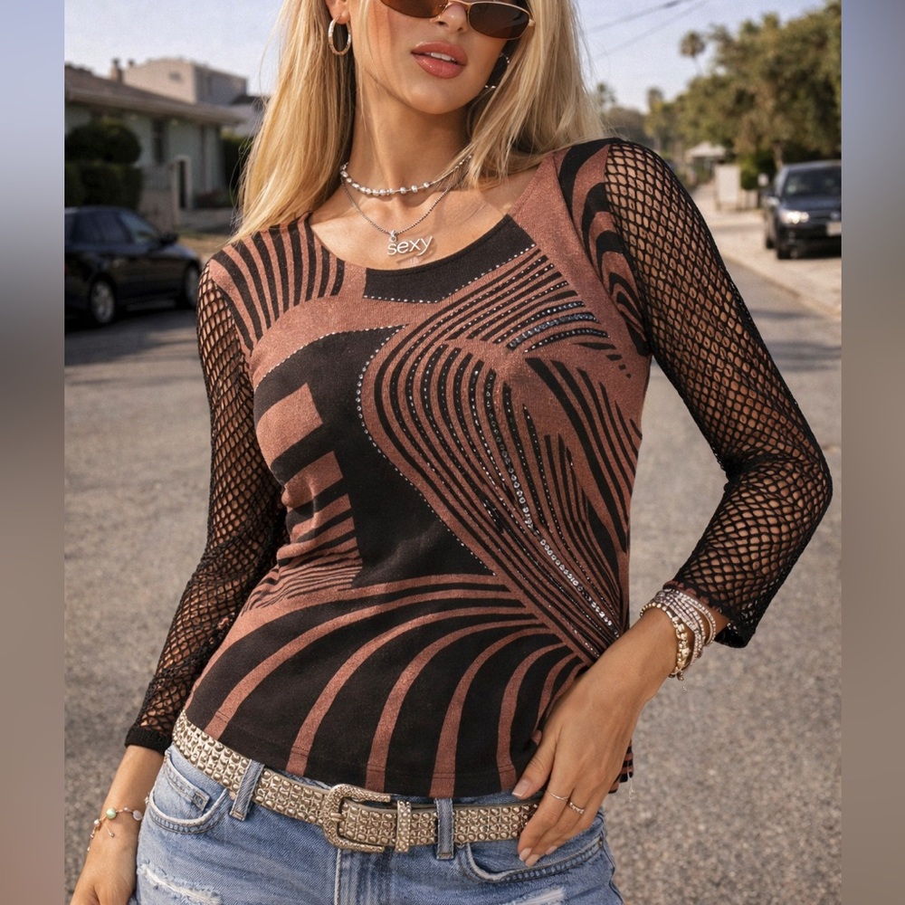 Nygard Rhinestone Fishnet Mesh Sheer Top Size S Y2K Glam Sparkle Goth Alt Emo